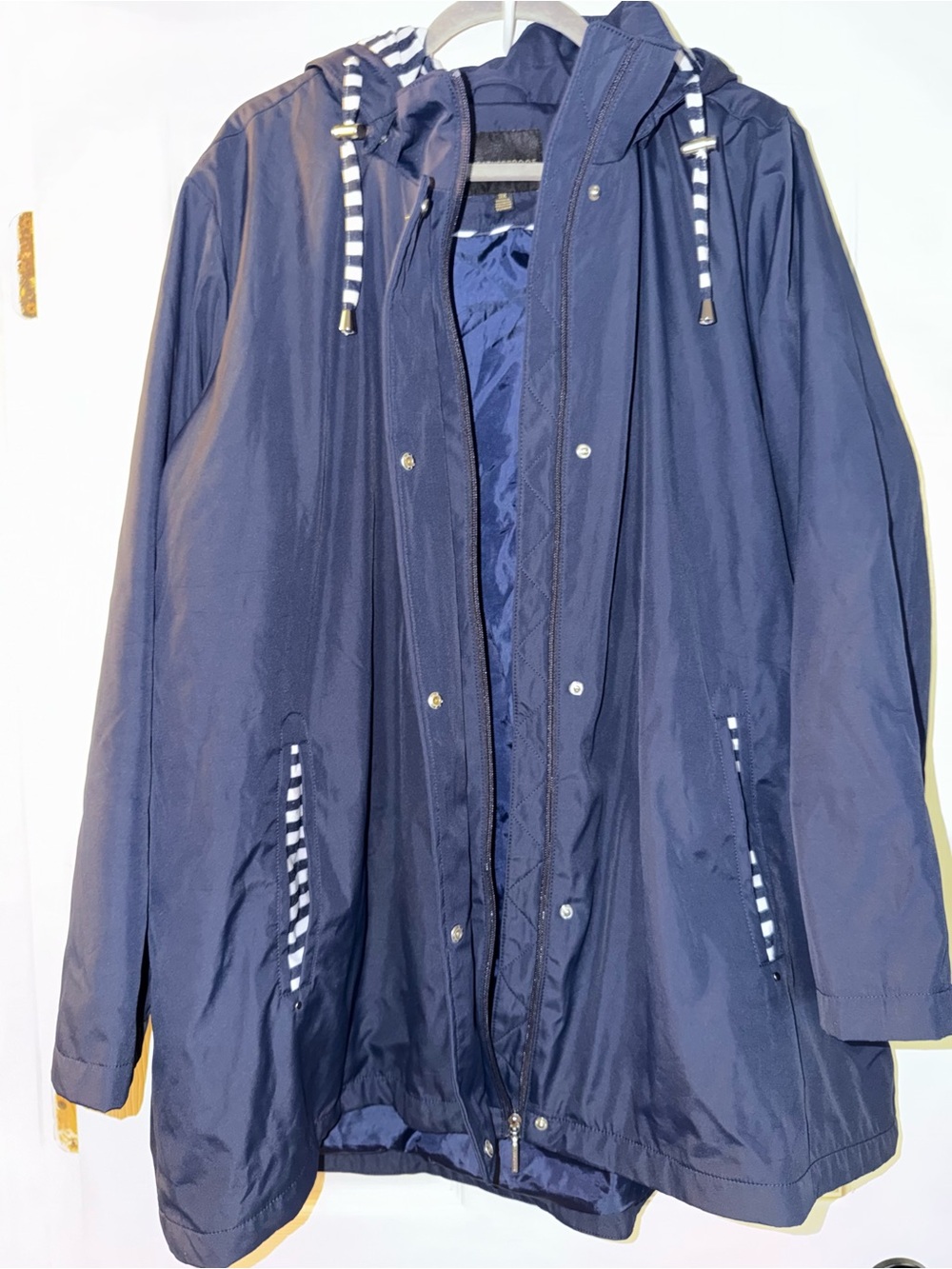 Weatherproof Navy Hooded Raincoat with Striped Drawstrings